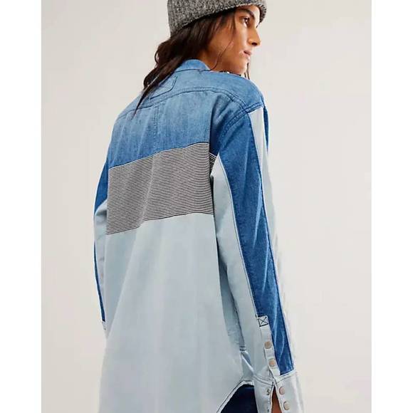 NEW FREE PEOPLE moto color block shirt in blue combo - Picture 3 of 3